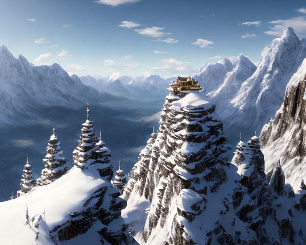 Snow-covered mountain landscape with Asian-style pagodas on cliffs