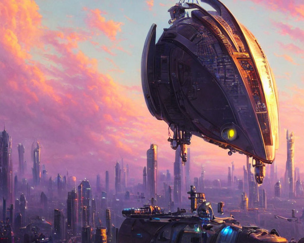 Futuristic city skyline at sunset with airship and colorful clouds