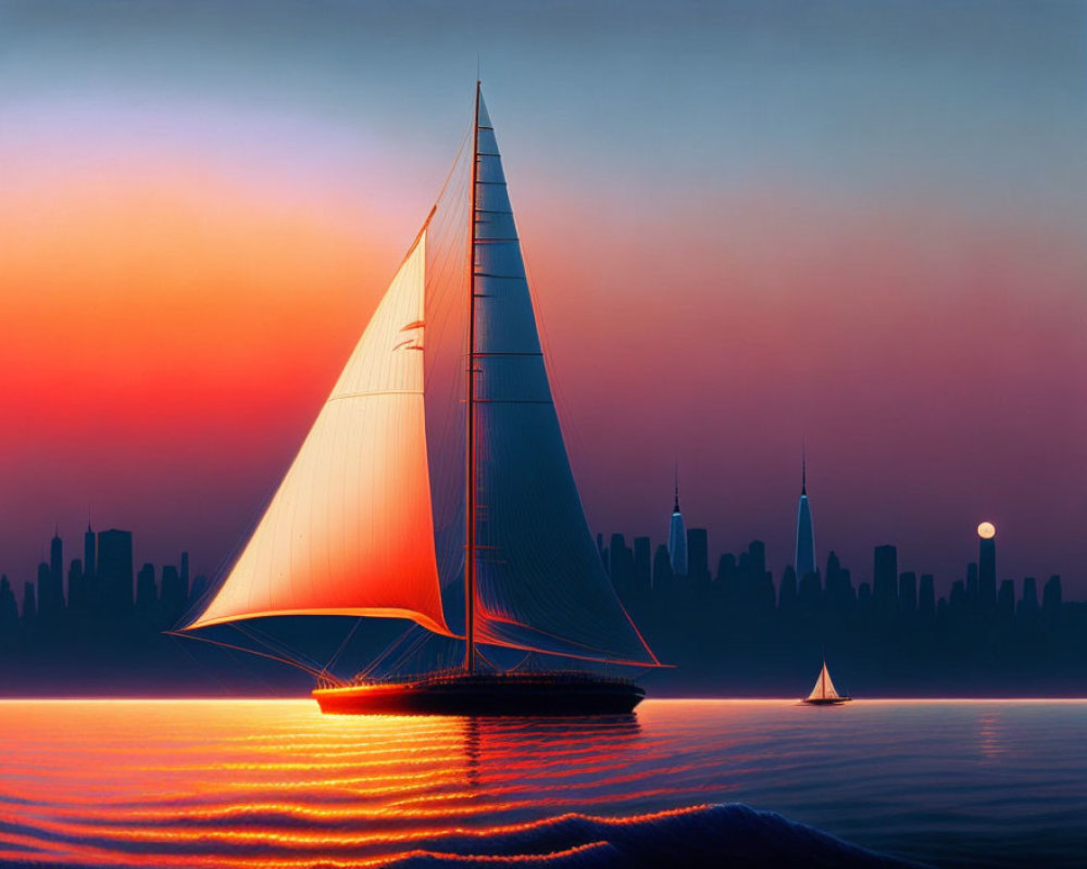 Sailboat with large sails on tranquil water at sunset
