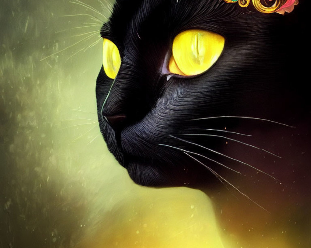 Colorful Digital Art Portrait of Black Cat with Yellow Eyes and Ornate Headdress