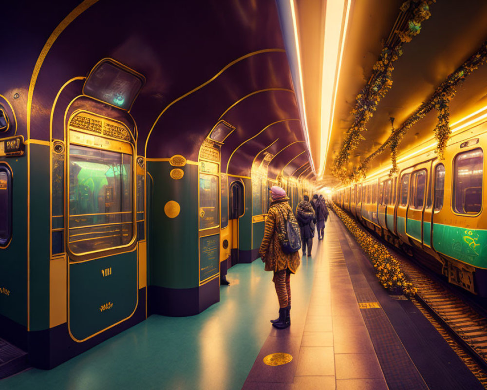 Futuristic subway station with golden lighting, green trains, and lush vegetation.