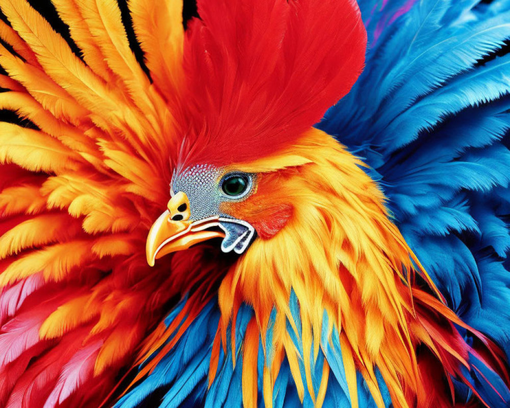 Colorful Bird Close-Up with Red, Orange, Yellow, and Blue Feathers