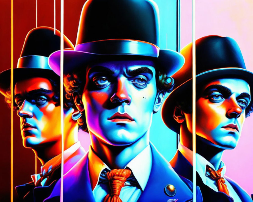 Colorful Triptych Pop Art Illustration of Man in Top Hat and Suit