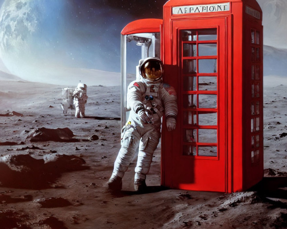 Two astronauts in red telephone booth on lunar landscape with planet.