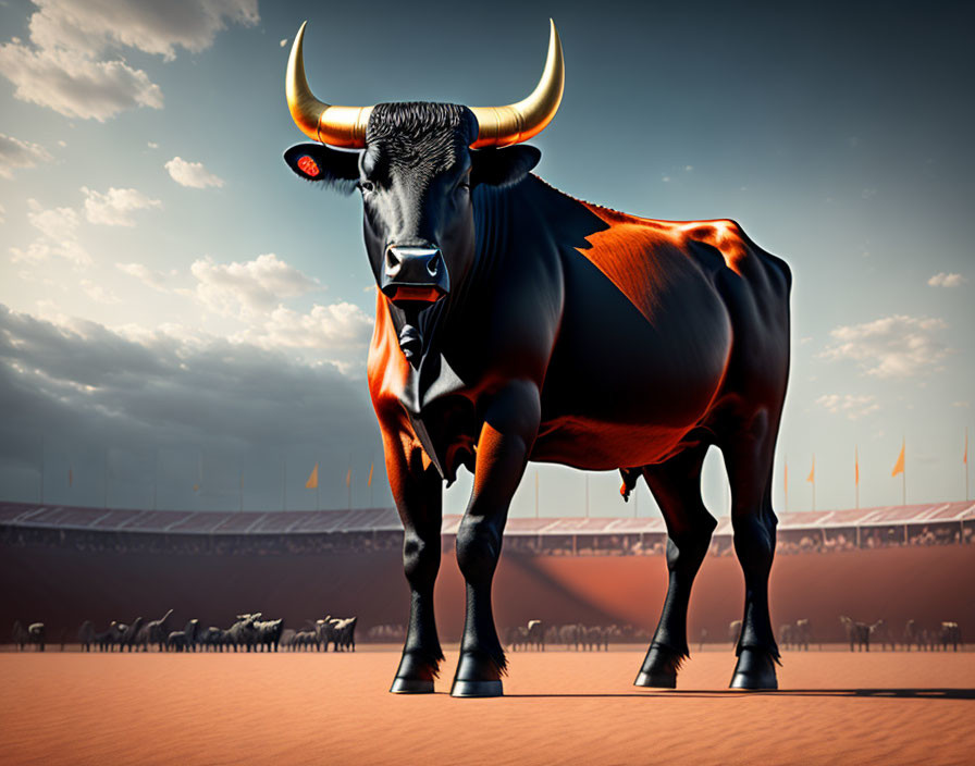 Stylized bull with red accents and golden horns in bullring under dramatic sky