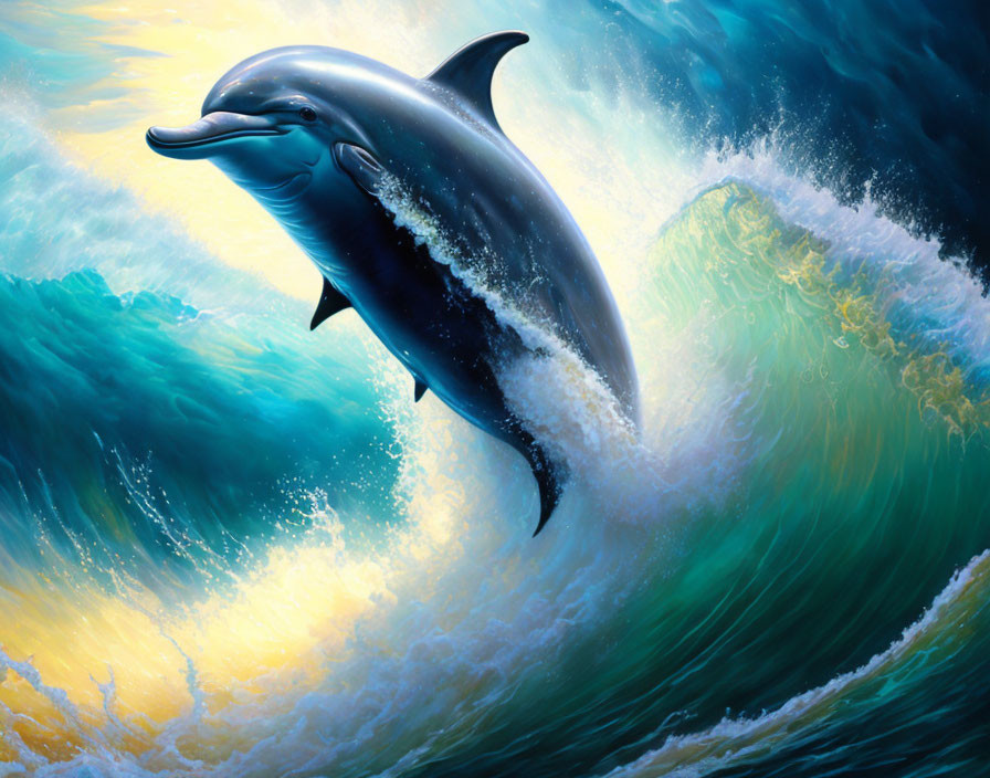 Graceful Dolphin Leaping from Vibrant Ocean Wave