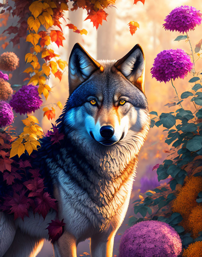 Realistic Wolf Illustration Among Autumn Leaves and Purple Flowers