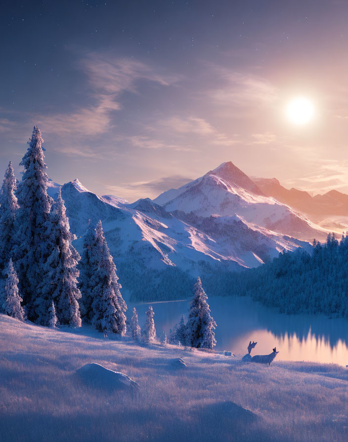 Snow-covered trees, calm lake, deer, mountains in tranquil winter scene