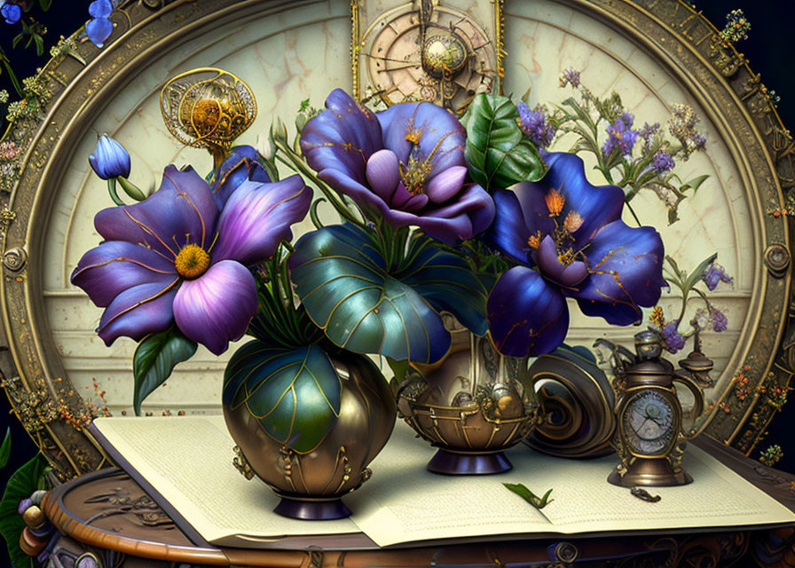 Vibrant Purple Flowers and Ornate Clocks in Still Life Composition