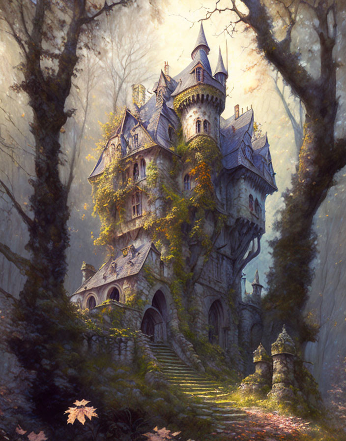 Stone castle with turrets in autumnal forest under sunlight.