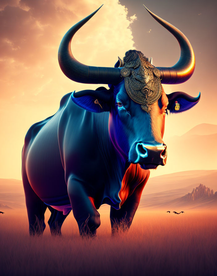 Majestic blue bull with ornate horns in golden field at sunset