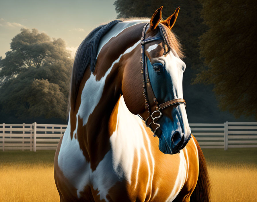 Brown and White Horse with Bridle in Pasture Under Sunlight