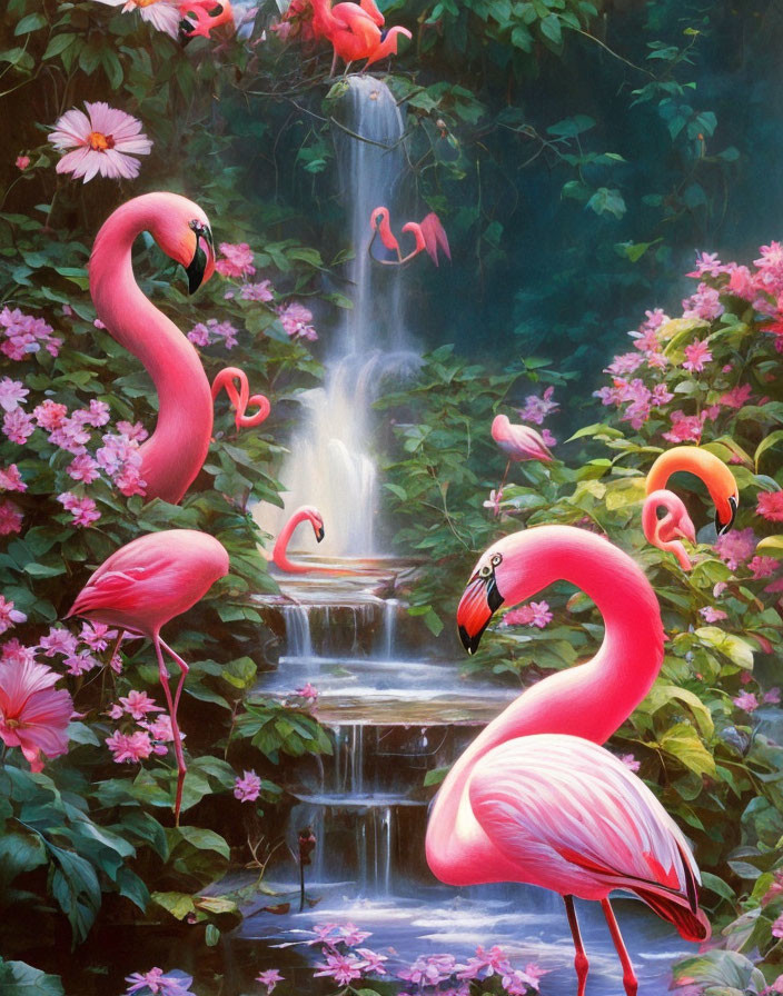 Colorful painting: pink flamingos by waterfall in lush greenery