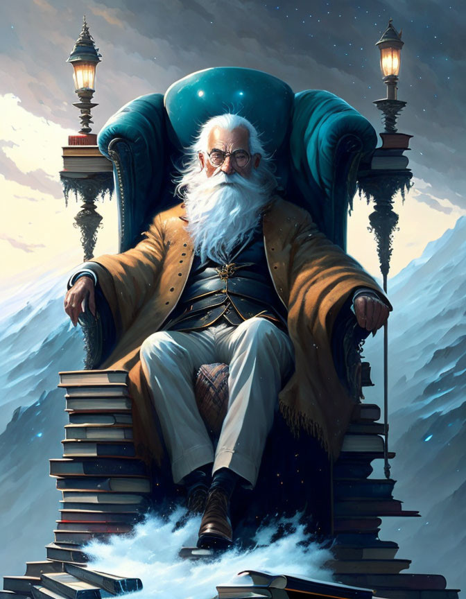 Elderly man with white beard on book throne with lanterns, mountain backdrop