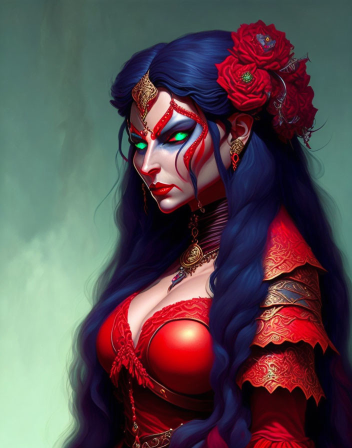 Blue-skinned woman with red clothing and gold jewelry in digital art