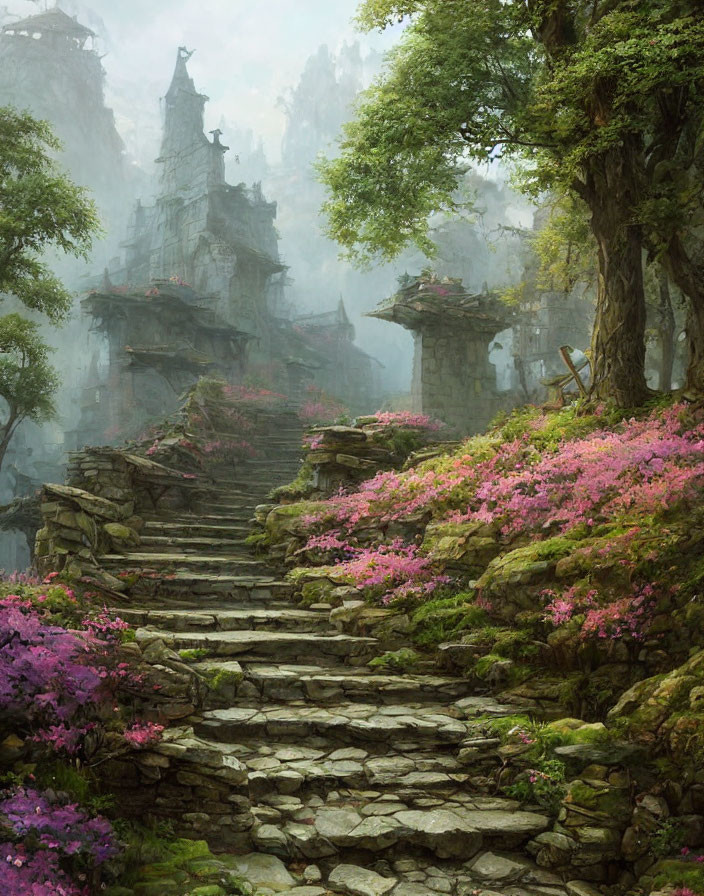 Ancient stone staircase in misty forest with pink flowers and crumbling ruins