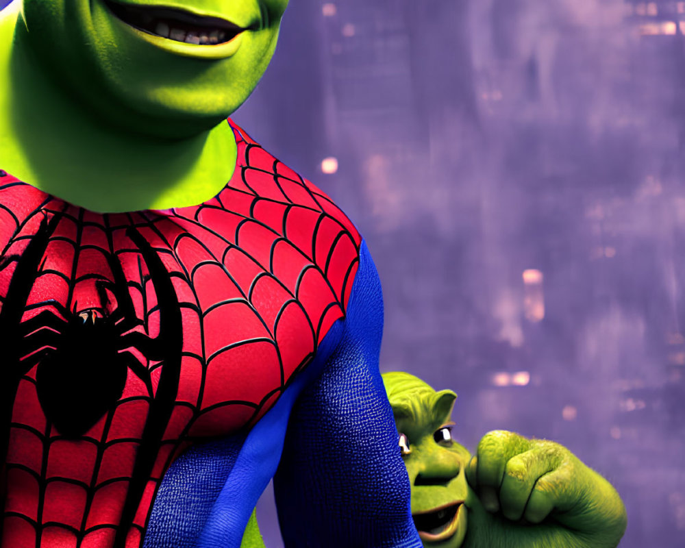 Shrek character in Spider-Man costume with smiling expression, next to smaller Shrek, spooky castle background