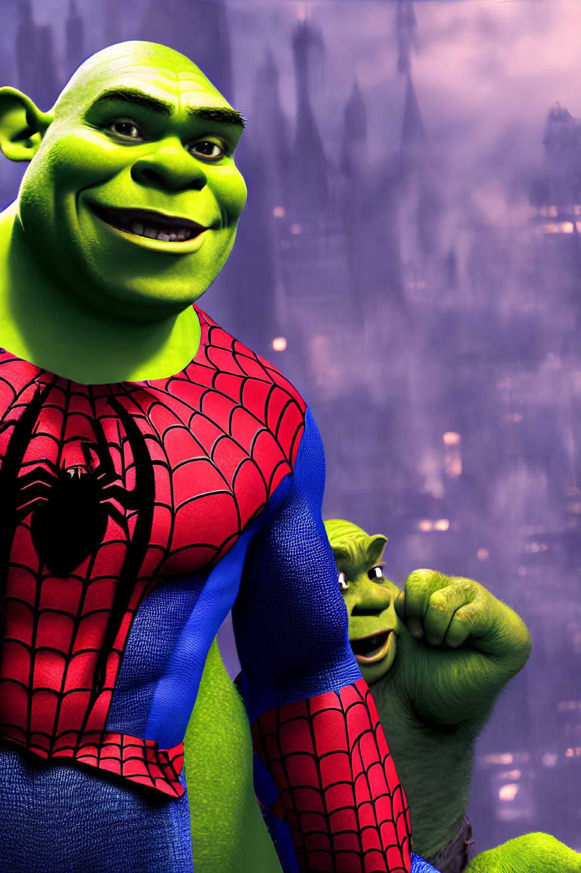 Shrek character in Spider-Man costume with smiling expression, next to smaller Shrek, spooky castle background