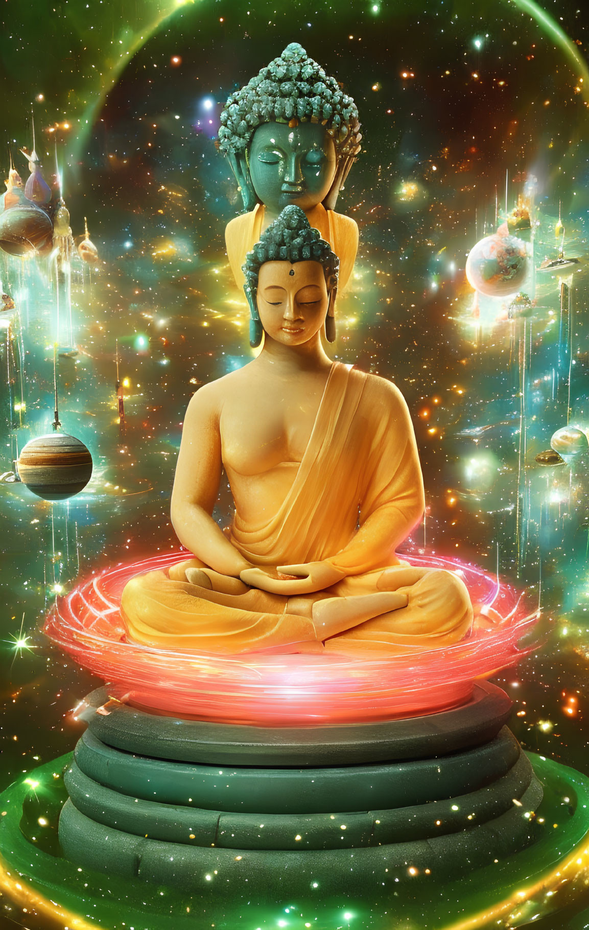 Two Buddha statues in meditation against cosmic backdrop