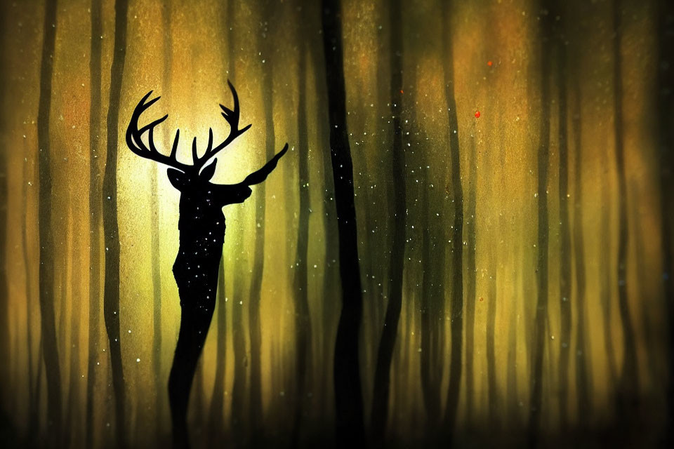 Stag silhouette in golden forest with firefly-like particles