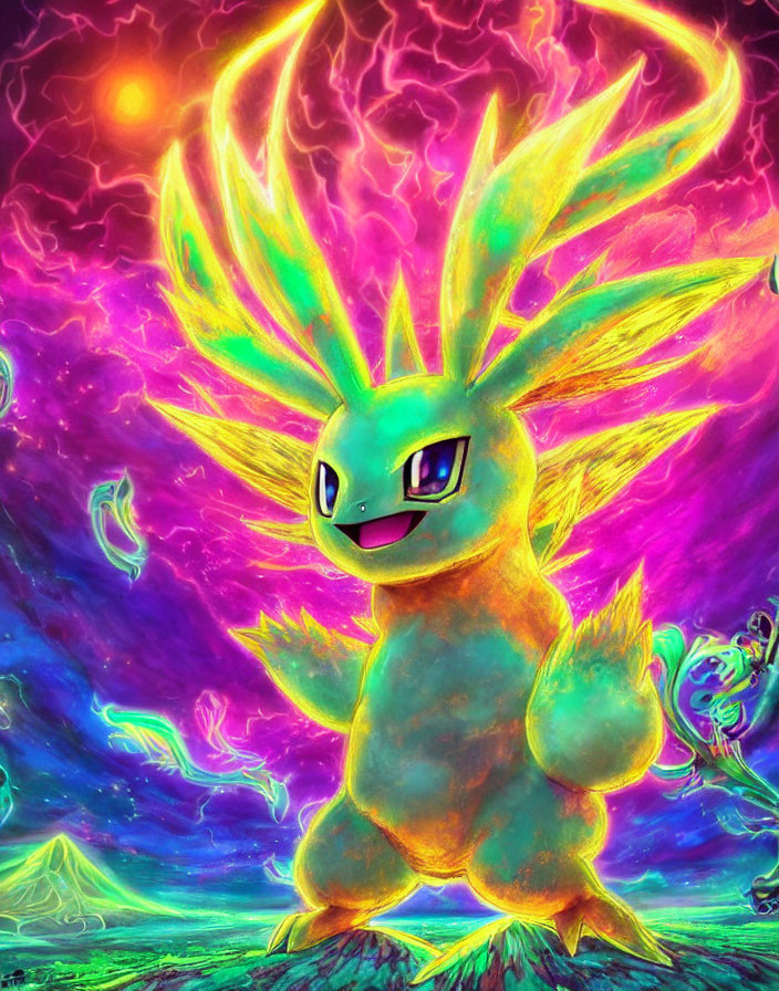 Colorful Stylized Exeggutor Pokémon Artwork in Psychedelic Setting