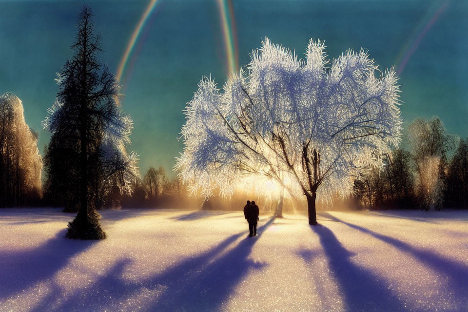 Person Walking Towards Frost-Covered Tree in Snowy Landscape