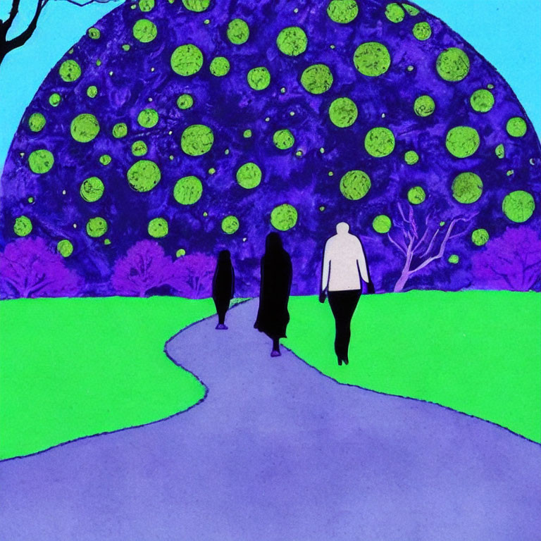 Silhouetted figures walking towards large purple tree on winding path