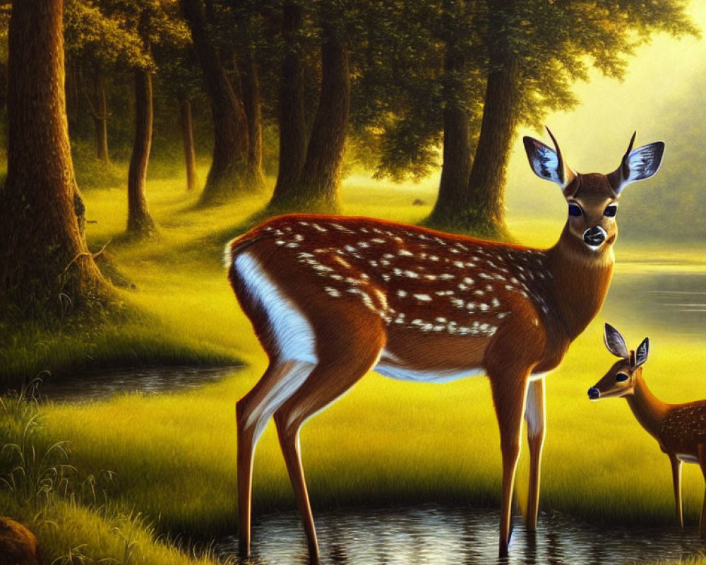 Digital Artwork: Doe and Fawn in Sunlit Forest Clearing