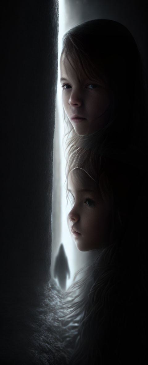 Children peeking through narrow slit in dark, moody setting