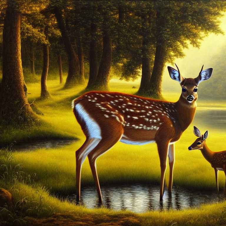 Digital Artwork: Doe and Fawn in Sunlit Forest Clearing