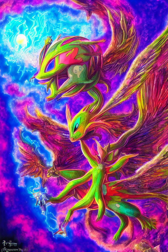 Colorful artwork of three mythical dragon-like creatures flying in psychedelic sky