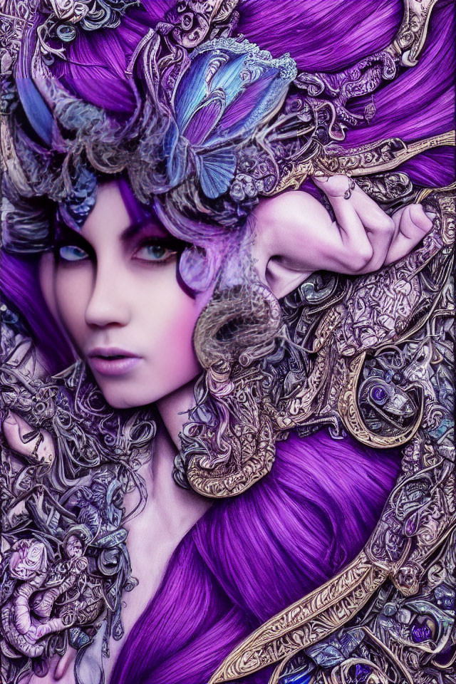 Fantasy illustration of person with purple hair in ornate golden armor