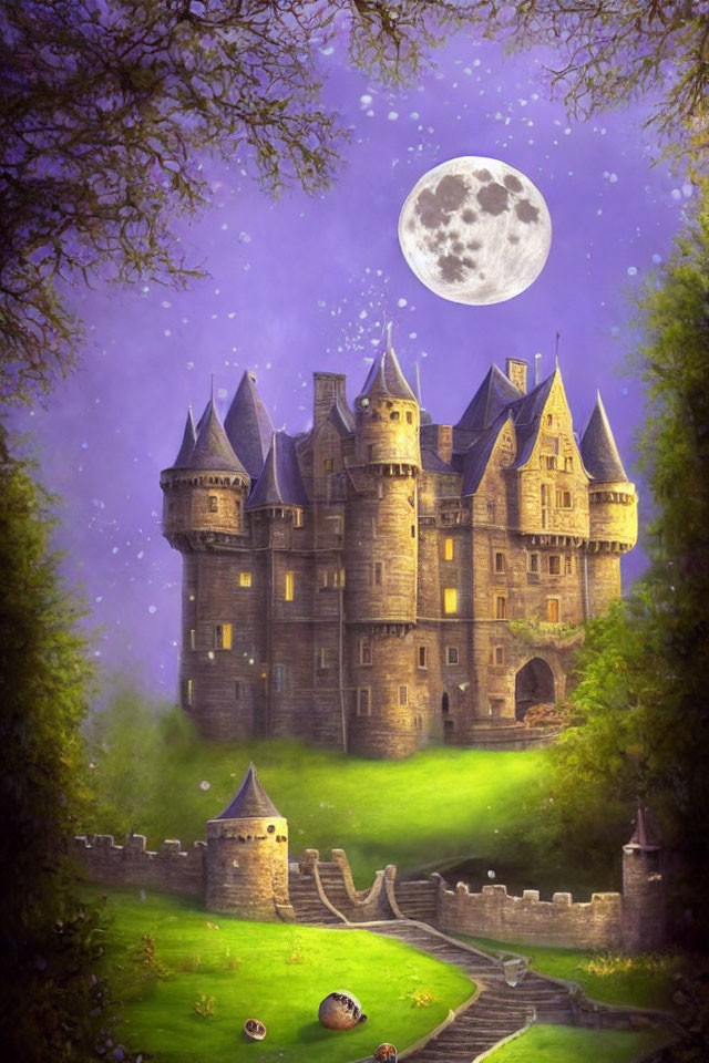 Castle at Twilight: Turrets, Full Moon, Serene Landscape