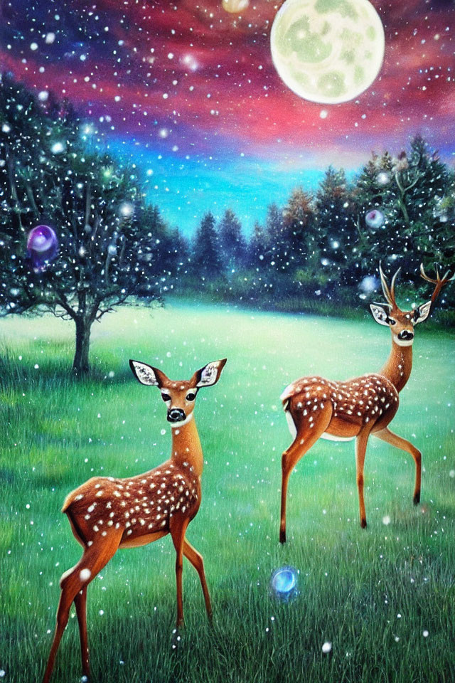 Whimsical nighttime scene with deer, stars, and bubbles