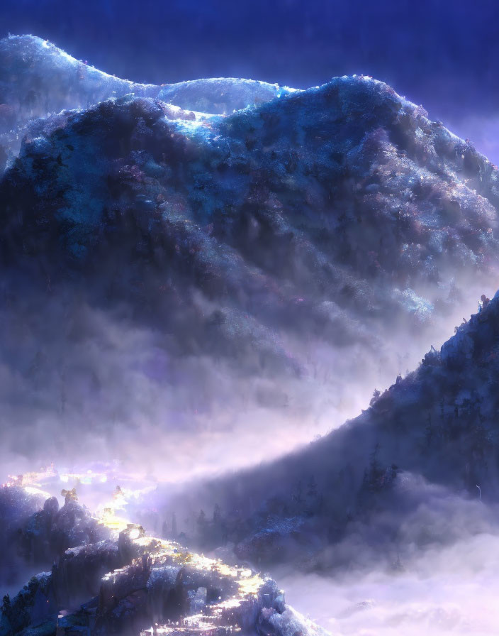 Mountain Twilight Scene with Glowing Blue Edges and Misty Settlement