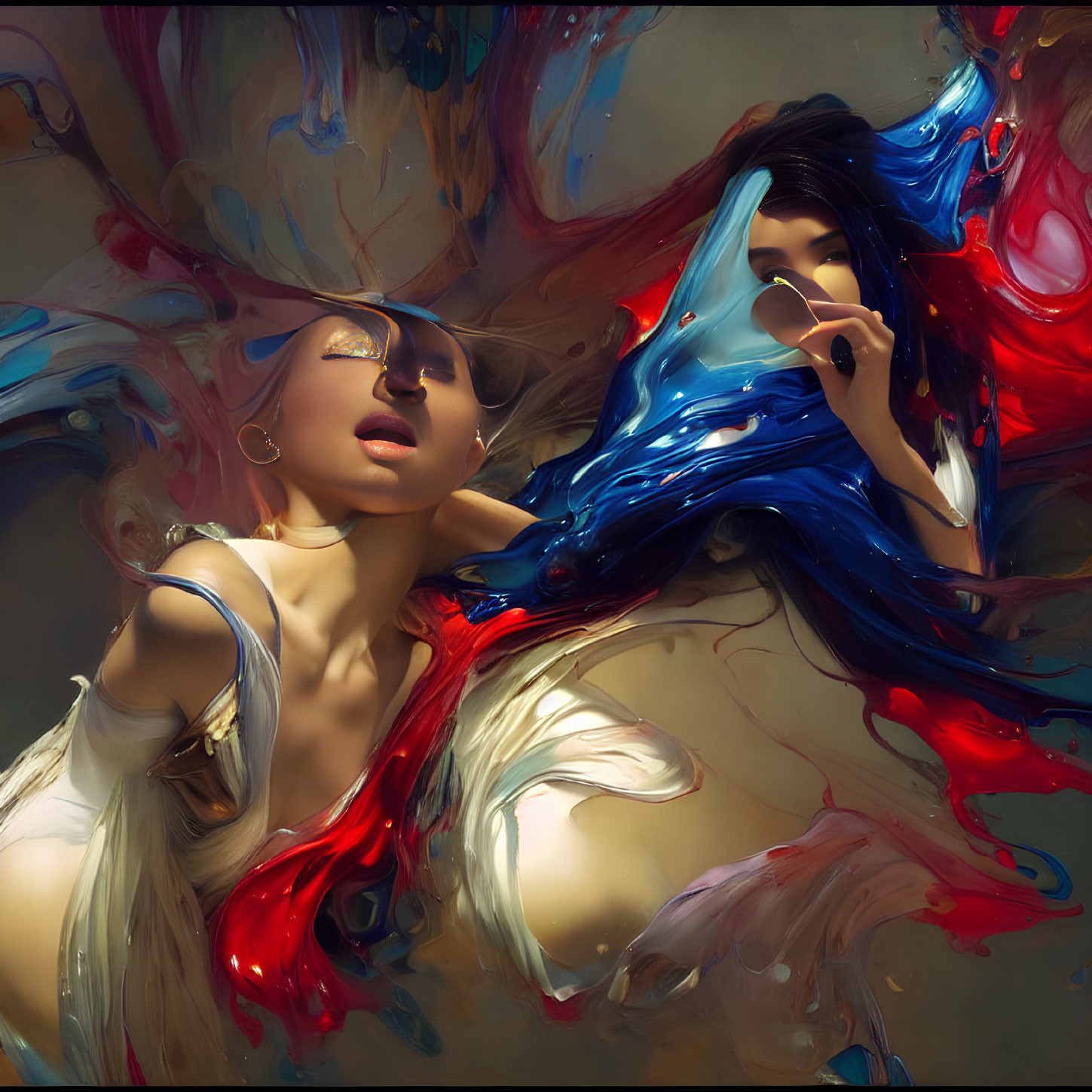 Abstract painting of two women in red and blue swirls on warm background