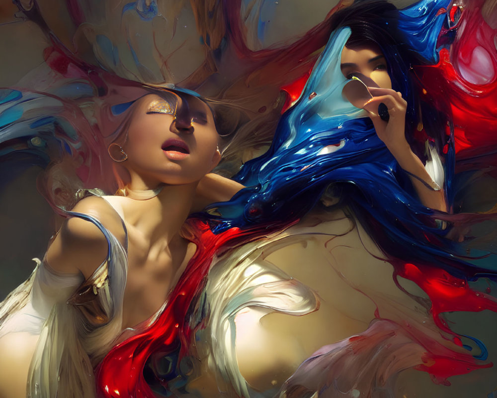 Abstract painting of two women in red and blue swirls on warm background