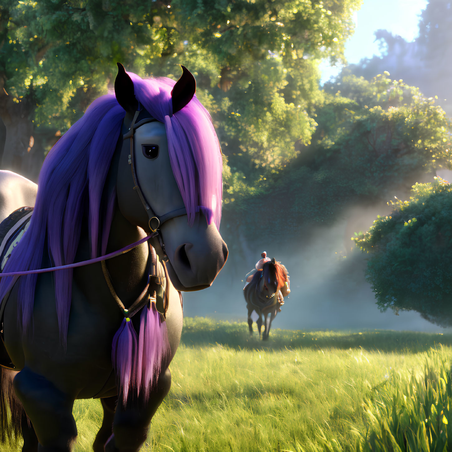 Purple-haired horse in sunlit forest with misty background horse