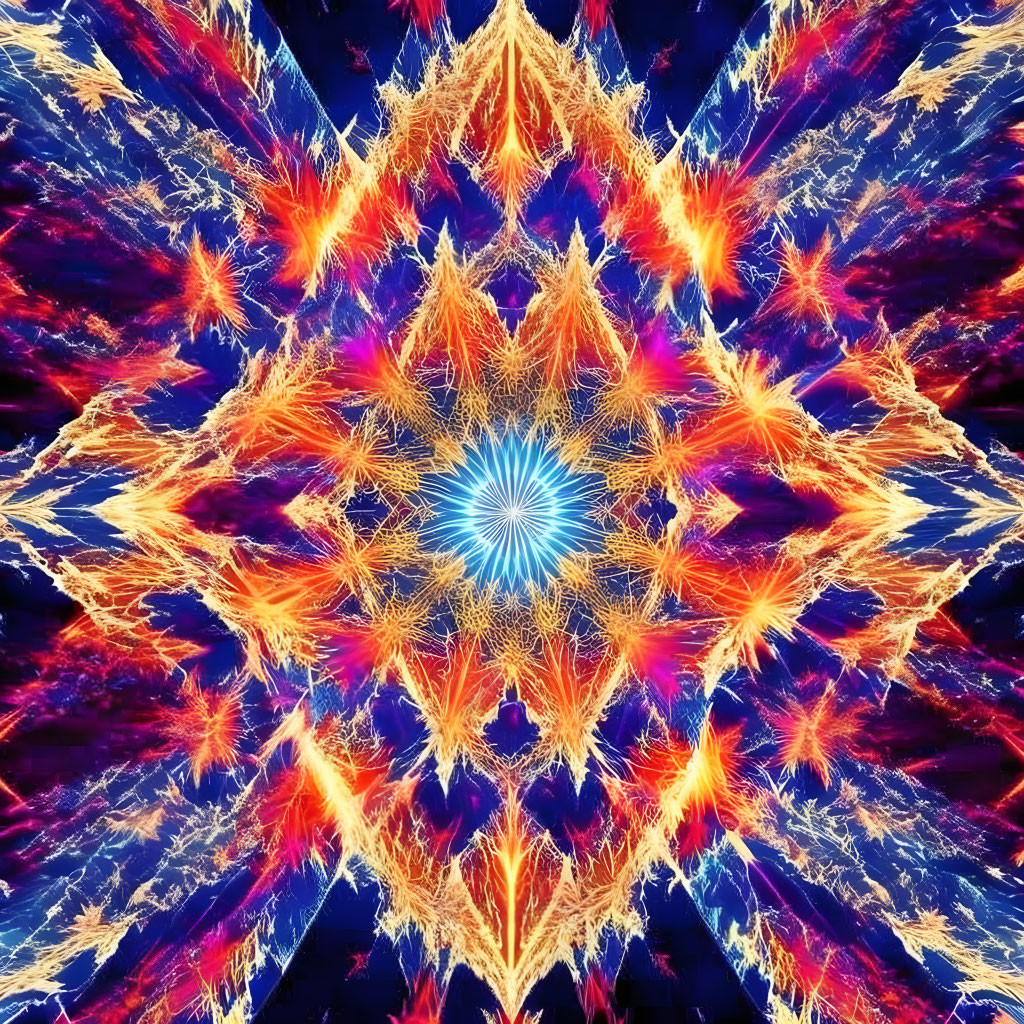 Colorful digital mandala with central blue star and fiery orange and red patterns on dark background.