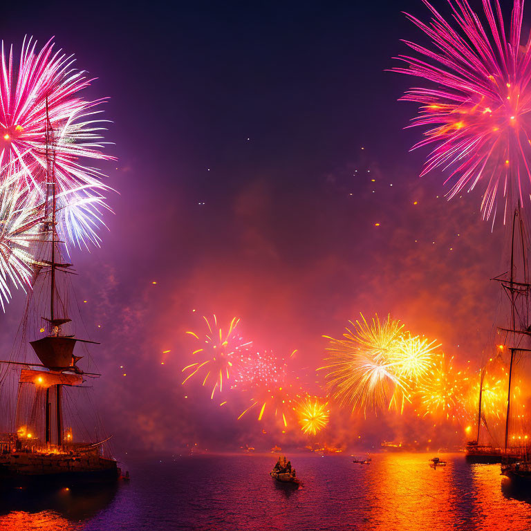 Colorful fireworks light up harbor with ships silhouettes in smoky night scene