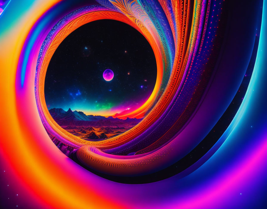 Neon swirl portal over starry sky & pink planet landscape