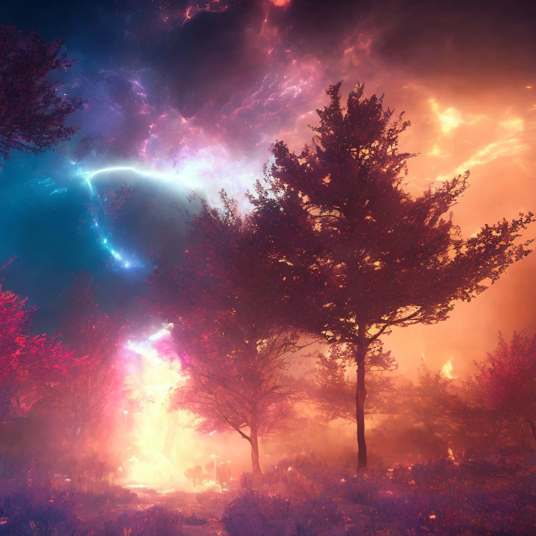 Surreal forest scene with cosmic sky and vibrant nebulas