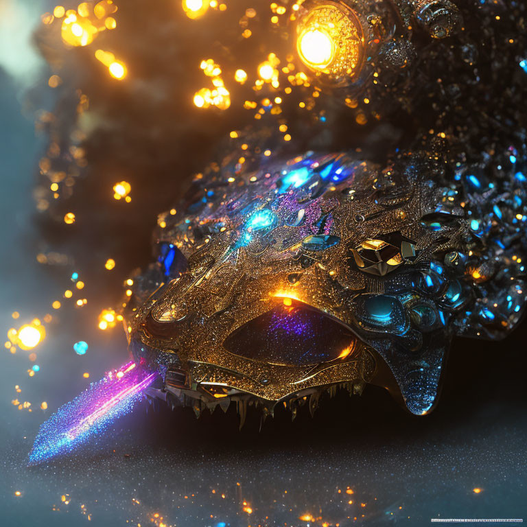 Glittering dragon head with glowing blue eyes and vibrant purple beam in golden bokeh lights.