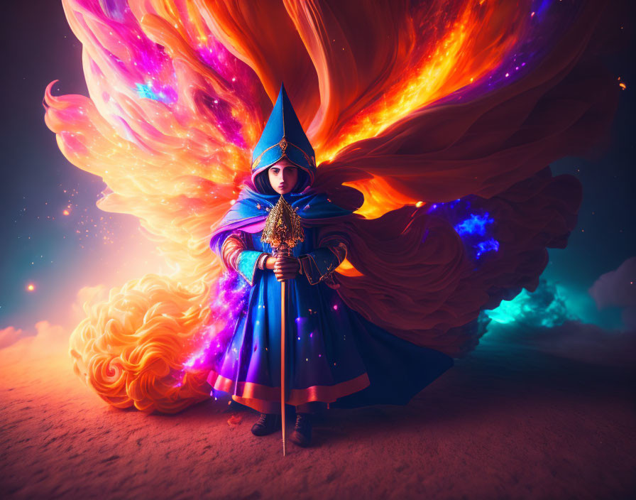 Mystical character in blue hat and cape with golden staff in cosmic flames