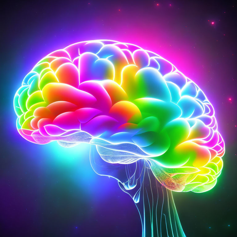Colorful Human Brain Illustration with Neon Rainbow Hues on Cosmic Background