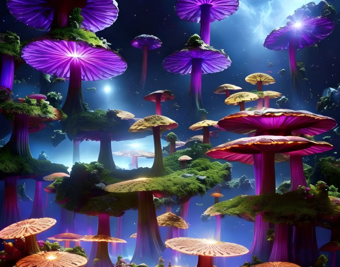 Enchanted forest with giant glowing mushrooms at night