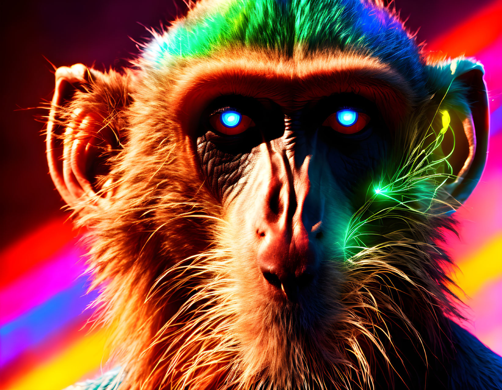 Close-up of baboon with blue eyes in neon lights on multicolored background