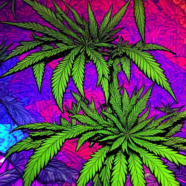 Vibrant tie-dye background with cannabis plant leaves.