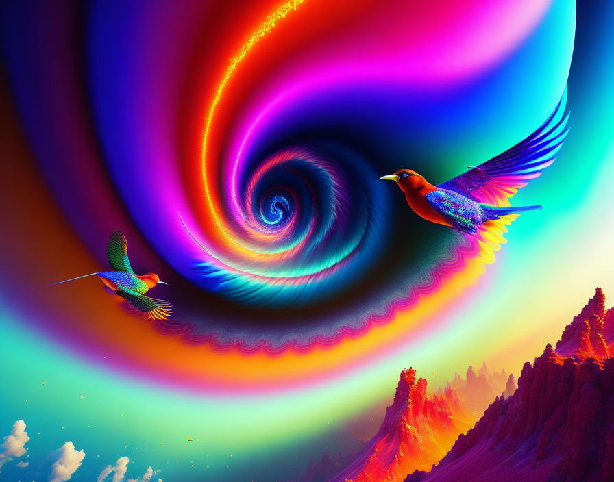 Colorful digital art: Birds soaring in psychedelic landscape