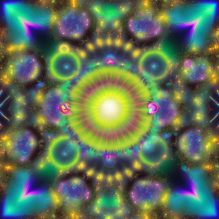 Symmetrical colorful fractal image with glowing center and neon tones